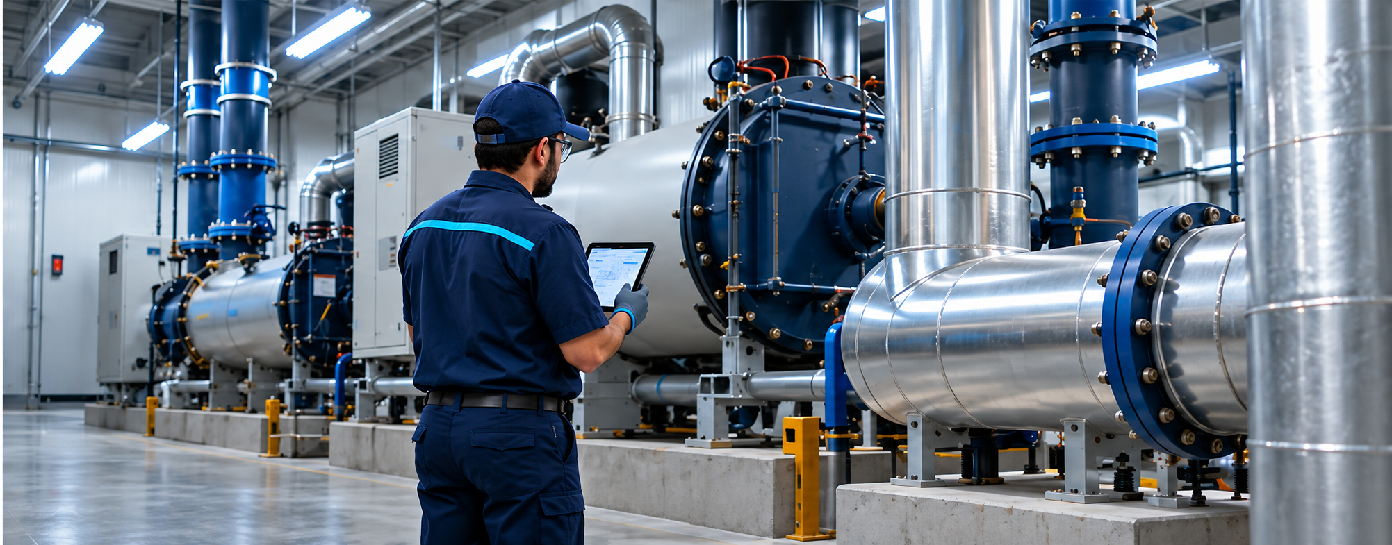 Technician in a commercial chiller plant room