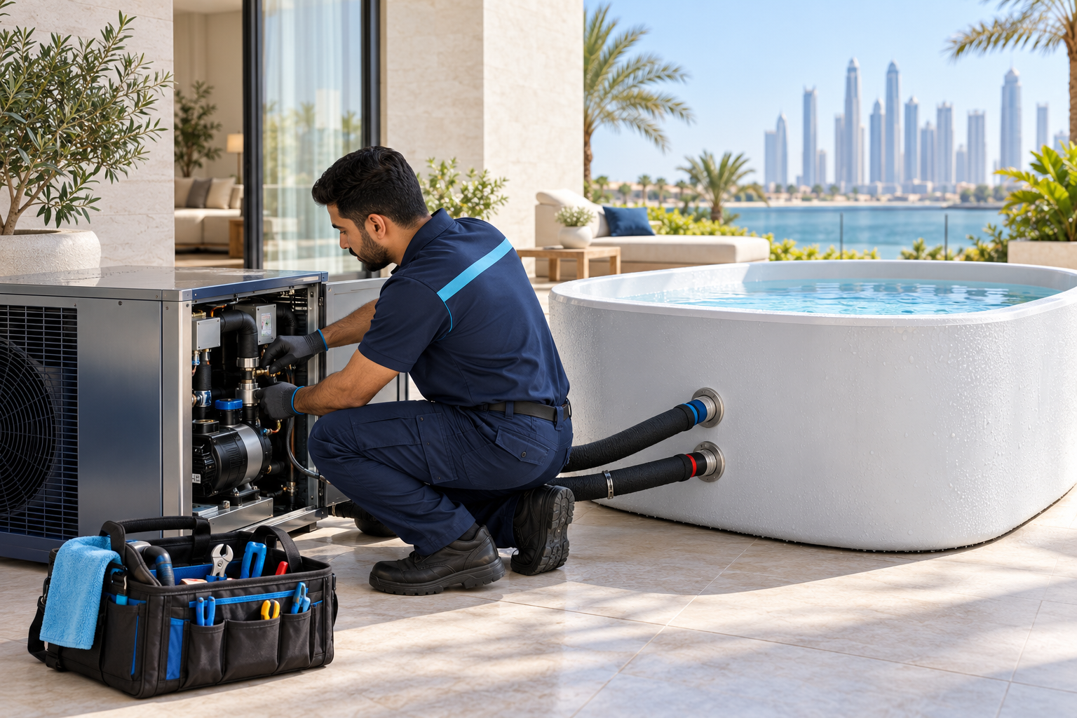 Technician servicing an outdoor ice bath water chiller