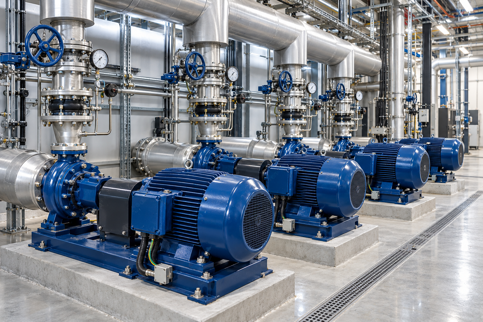 Clean mechanical pump room with chilled-water pumps and pipework