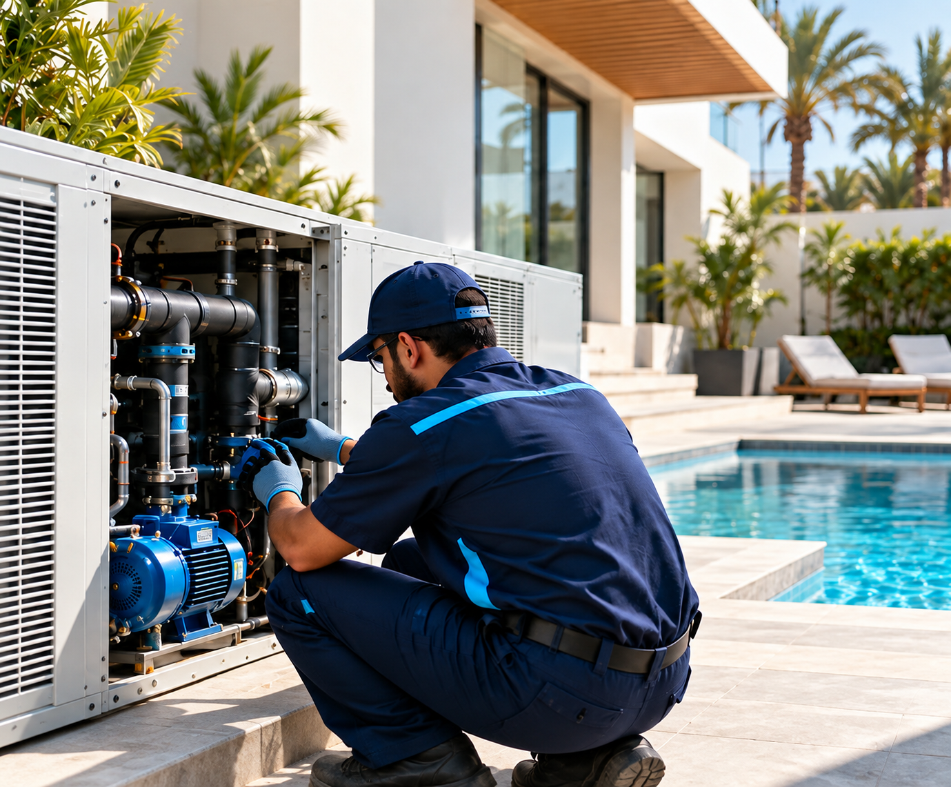 Technician servicing a villa pool cooling system
